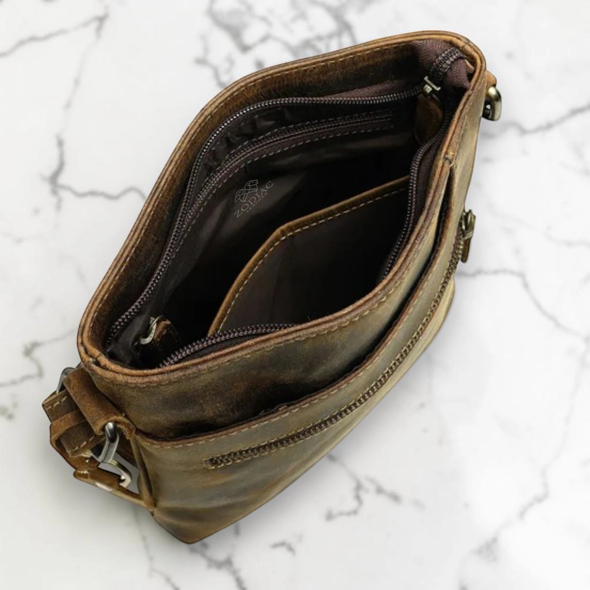 Zodiac Hunter Genuine Leather Crossbody Bag Brown