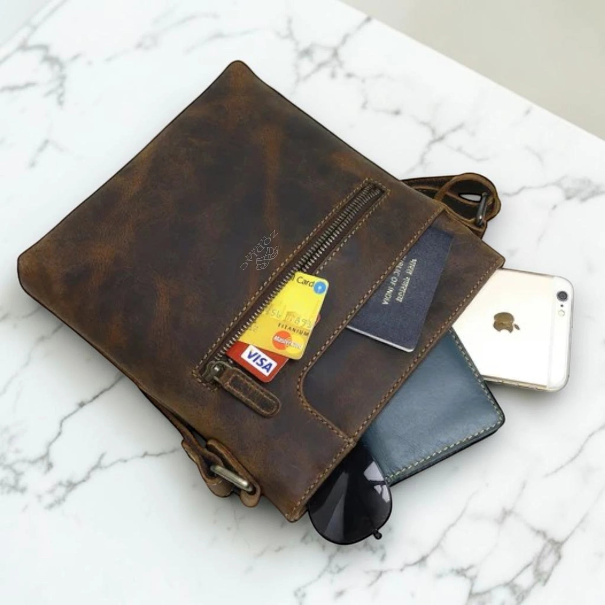 Zodiac Hunter Genuine Leather Crossbody Bag Brown
