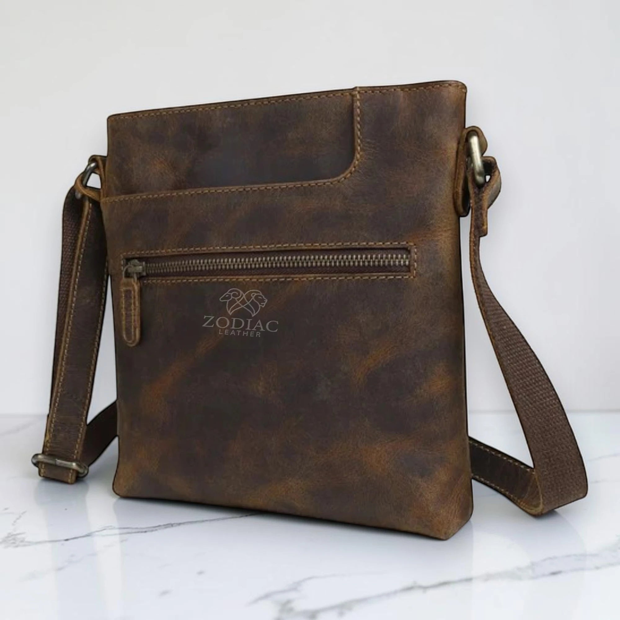 Zodiac Hunter Genuine Leather Crossbody Bag Brown