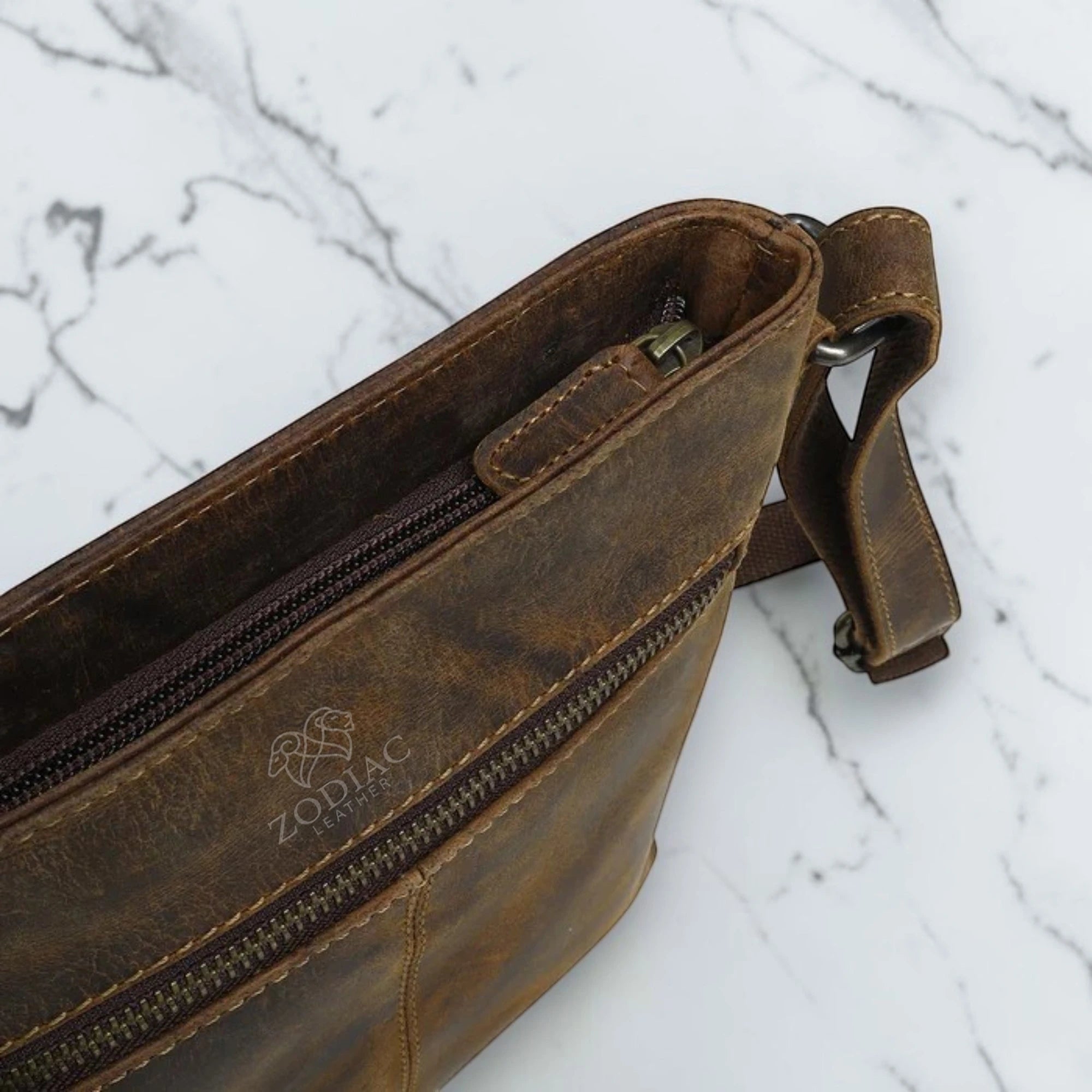 Zodiac Hunter Genuine Leather Crossbody Bag Brown