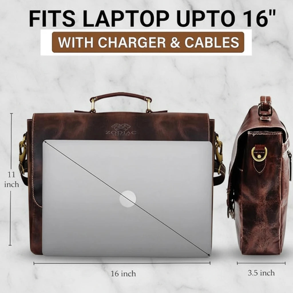 Zodiac Jack 16" Leather Briefcase Laptop Messenger Bag Mulberry
