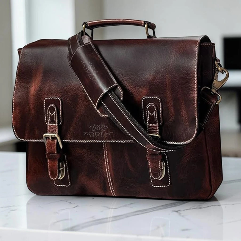 Zodiac Jack 16" Leather Briefcase Laptop Messenger Bag Mulberry