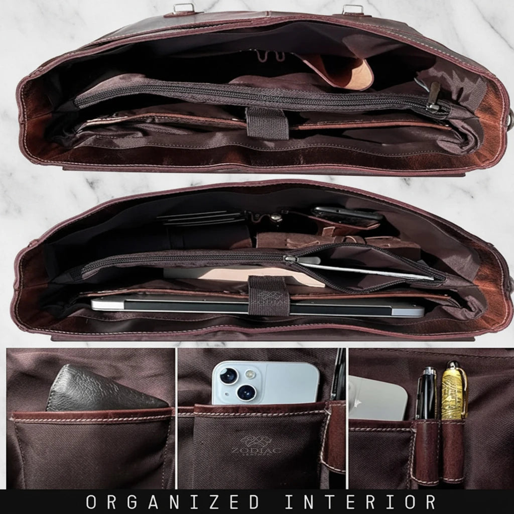 Zodiac Jack 16" Leather Briefcase Laptop Messenger Bag Mulberry