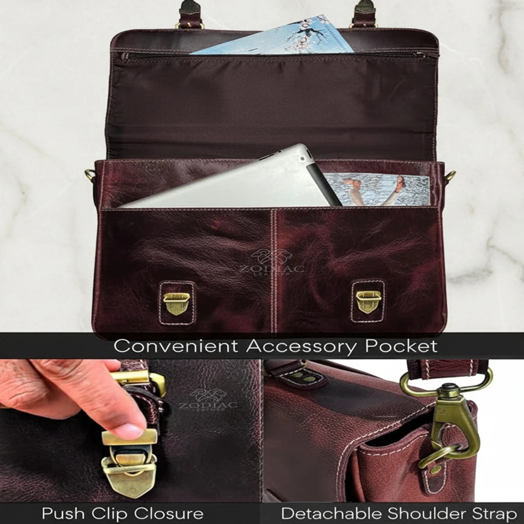 Zodiac Jack 16" Leather Briefcase Laptop Messenger Bag Mulberry