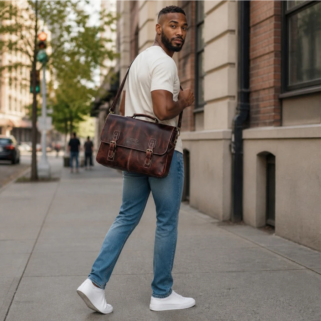 Zodiac Jack 16" Leather Briefcase Laptop Messenger Bag Mulberry
