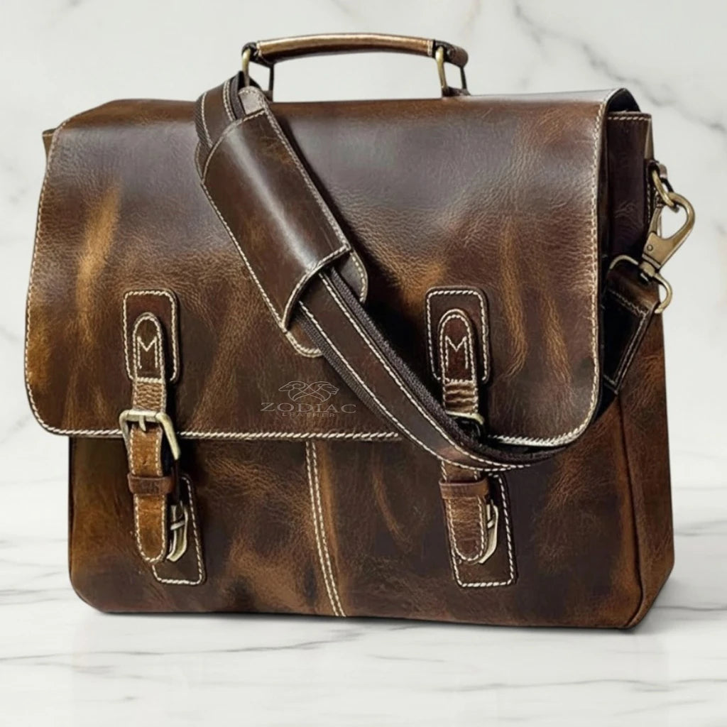 Zodiac Jack 16" Leather Briefcase Laptop Messenger Bag Brown