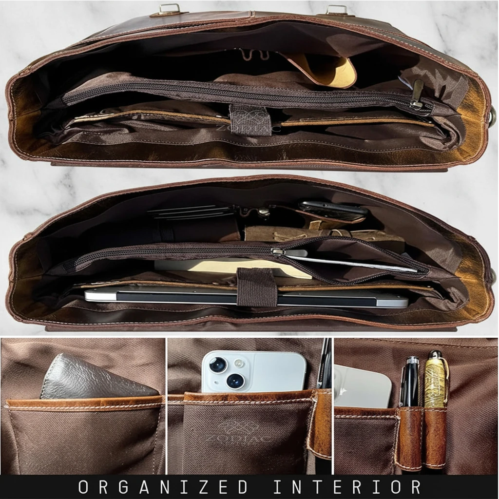 Zodiac Jack 16" Leather Briefcase Laptop Messenger Bag Brown