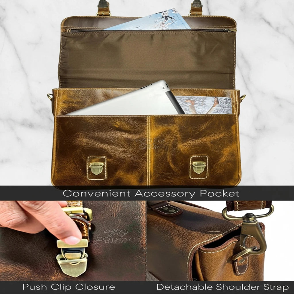 Zodiac Jack 16" Leather Briefcase Laptop Messenger Bag Brown