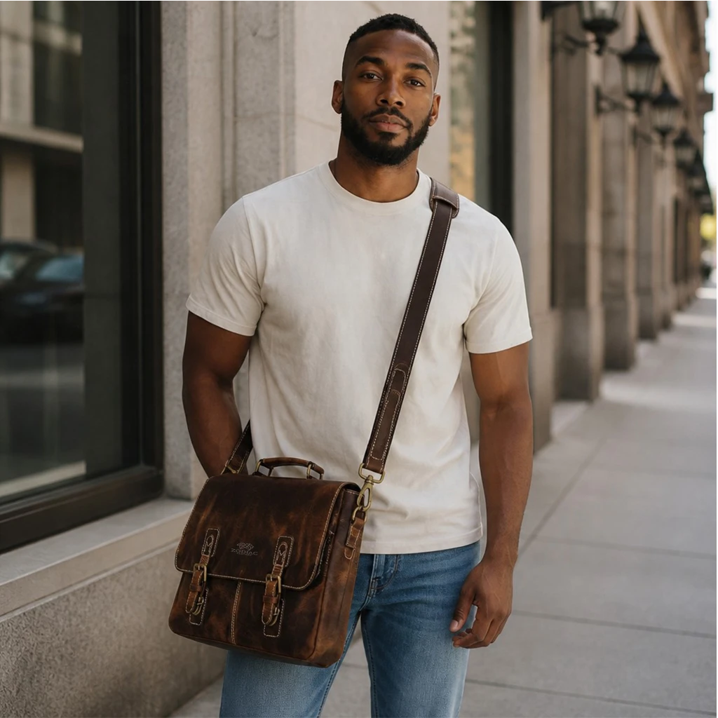 Zodiac Jack 16" Leather Briefcase Laptop Messenger Bag Brown