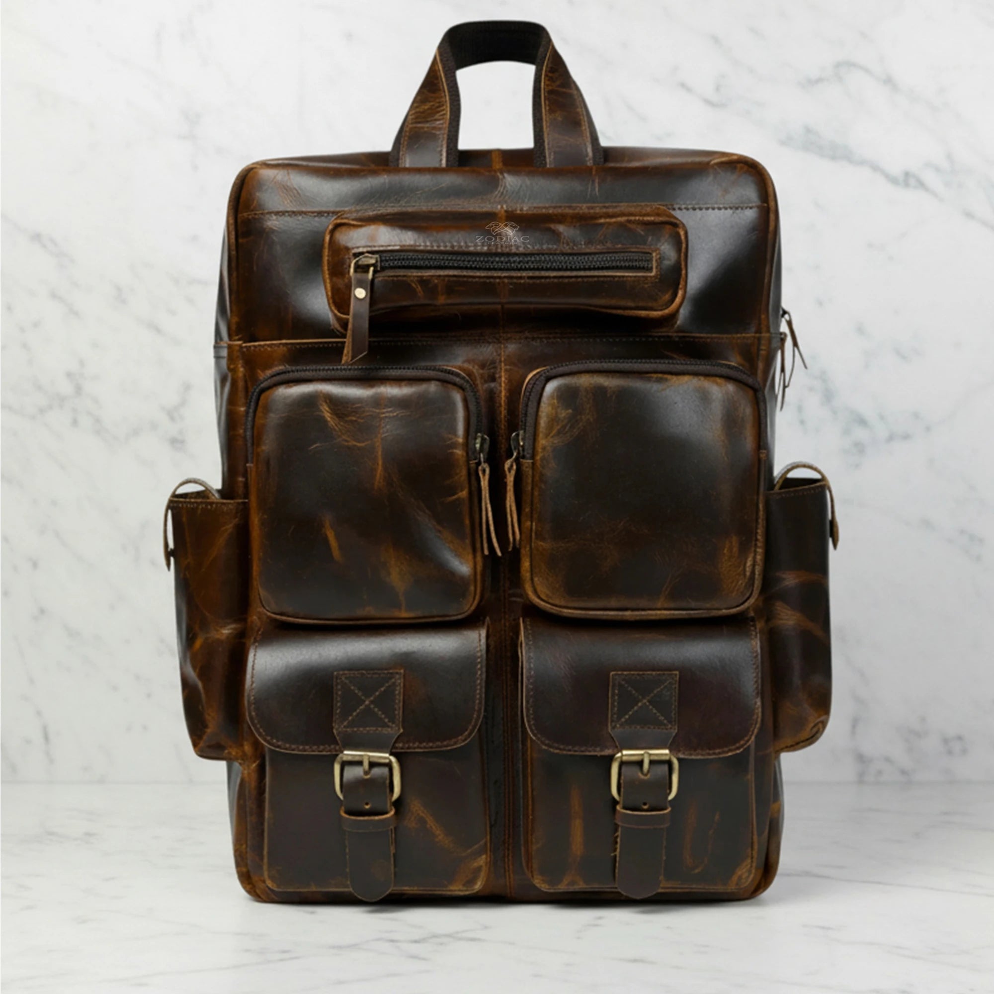 Zodiac Jason Genuine Leather Backpack Unisex Multifunctional Chocolate Brown