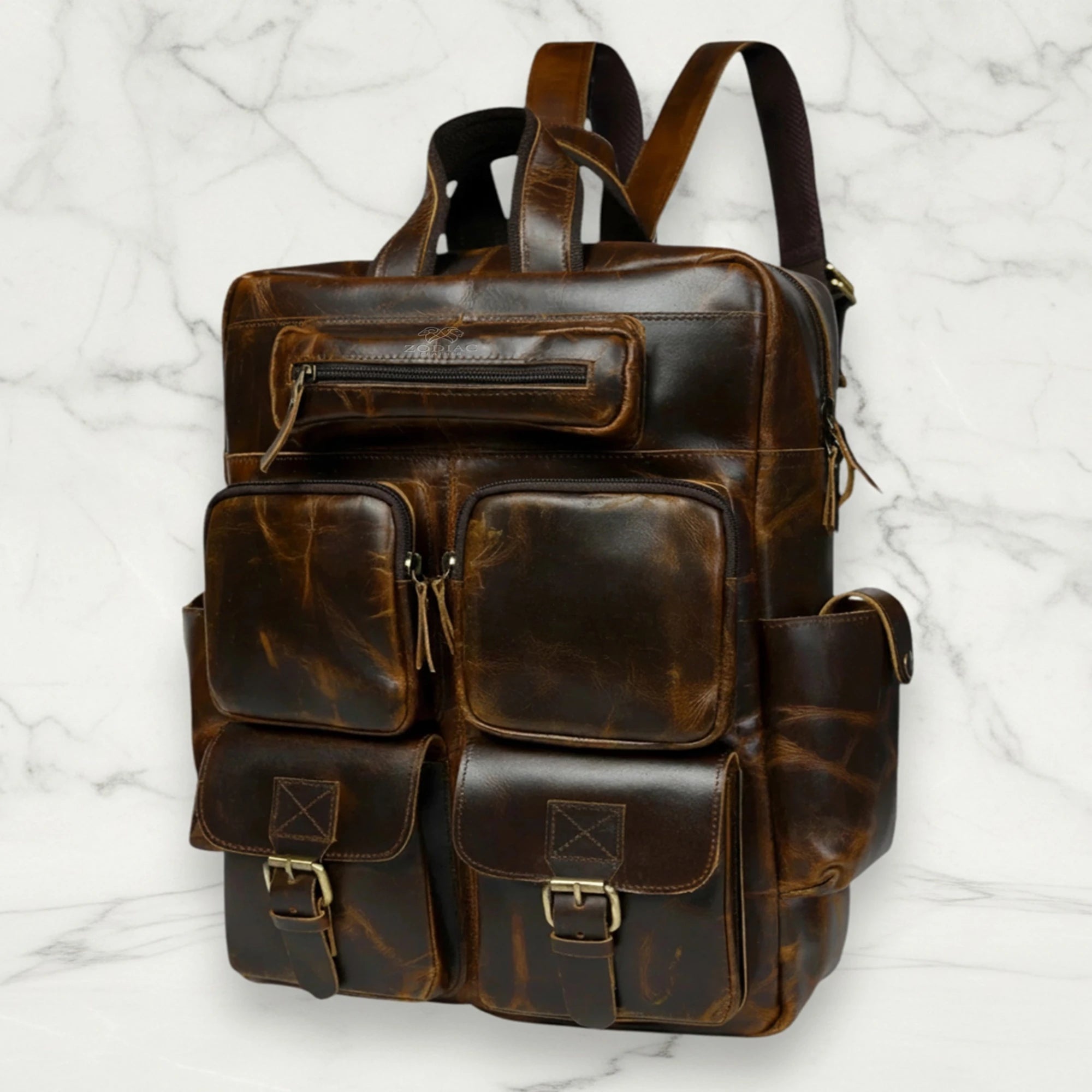 Zodiac Jason Genuine Leather Backpack Unisex Multifunctional Chocolate Brown
