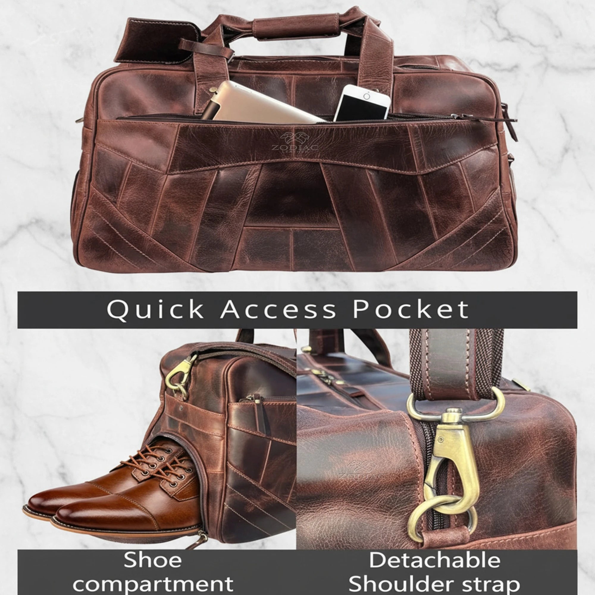 Zodiac Levi Genuine Leather Duffle Bag Dark Brown