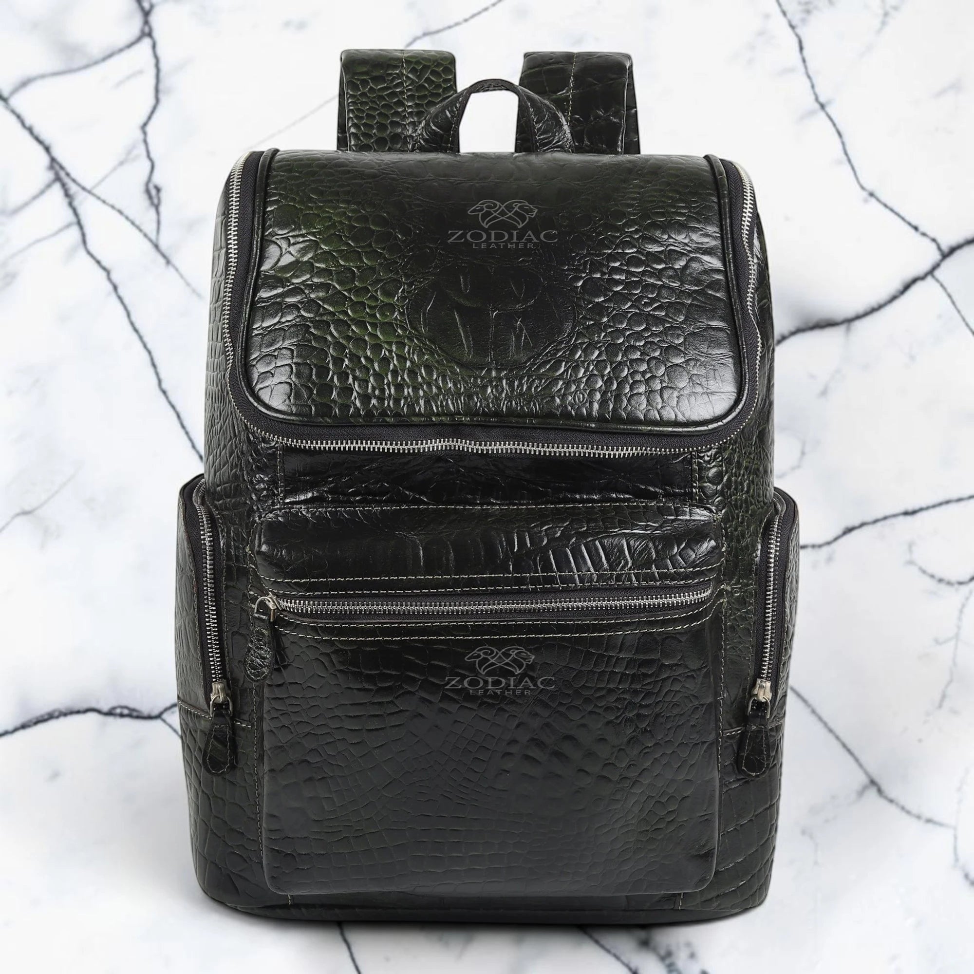 Zodiac Luca Genuine Leather Croc Backpack Dark Green