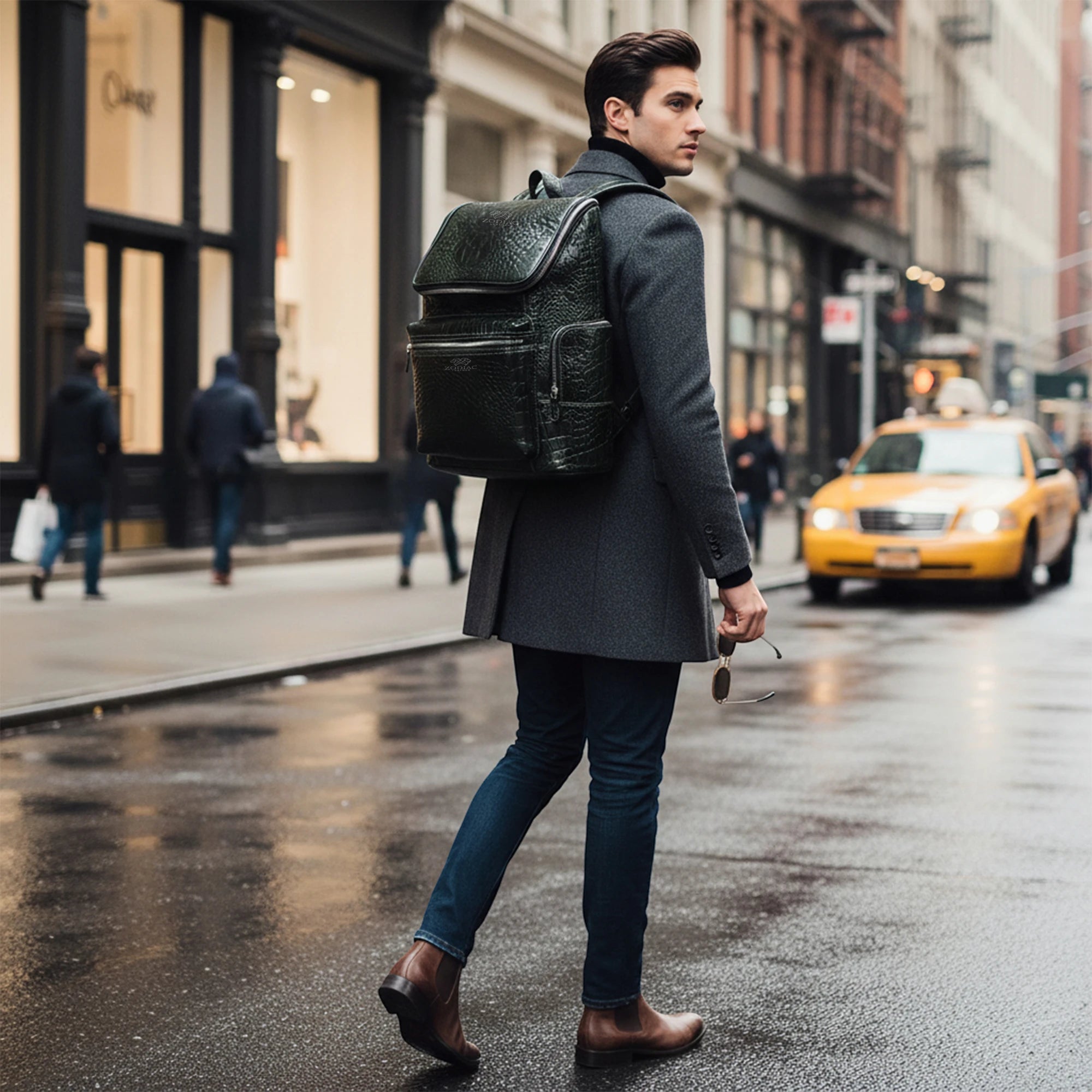 Zodiac Luca Genuine Leather Croc Backpack Dark Green