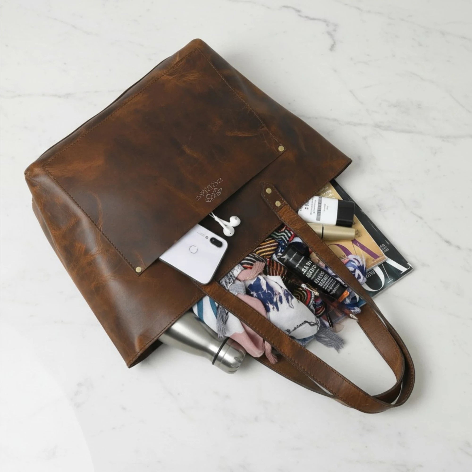 Zodiac Maria Genuine Leather Tote Handbag Brown