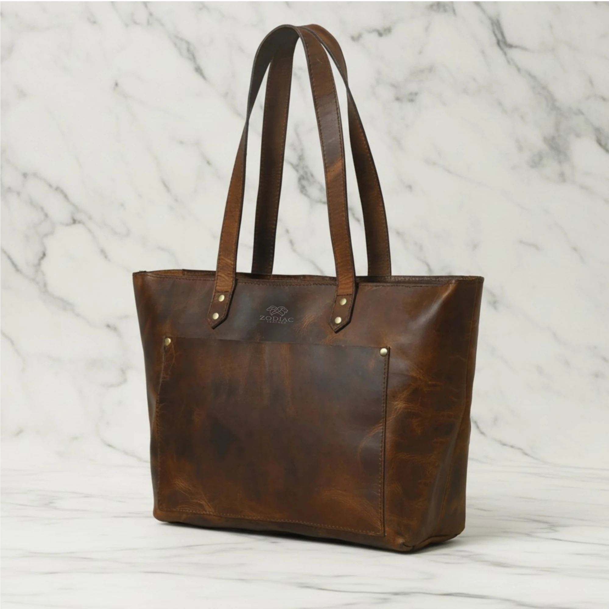 Zodiac Maria Genuine Leather Tote Handbag Brown