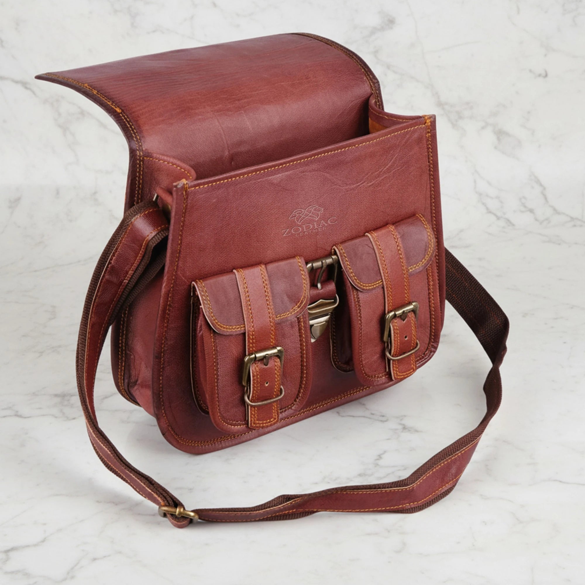 Zodiac Mateo Full Grain Leather Satchel Crossbody Bag Vintage Brown