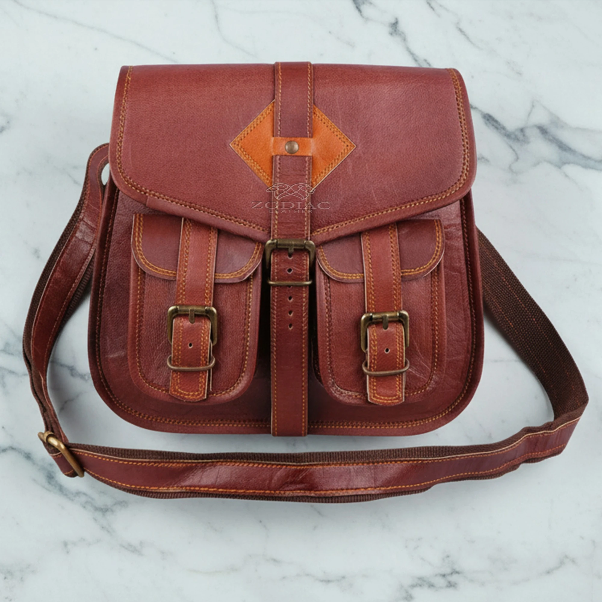 Zodiac Mateo Full Grain Leather Satchel Crossbody Bag Vintage Brown