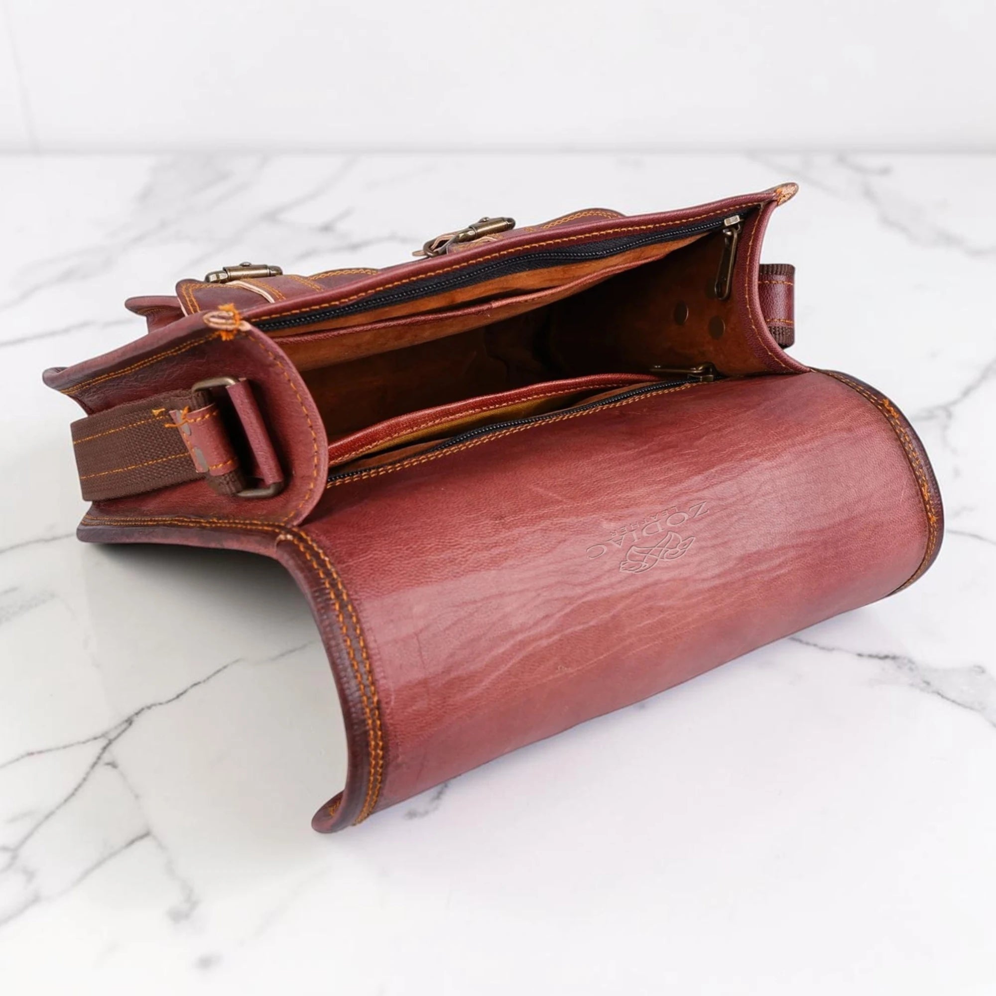 Zodiac Mateo Full Grain Leather Satchel Crossbody Bag Vintage Brown