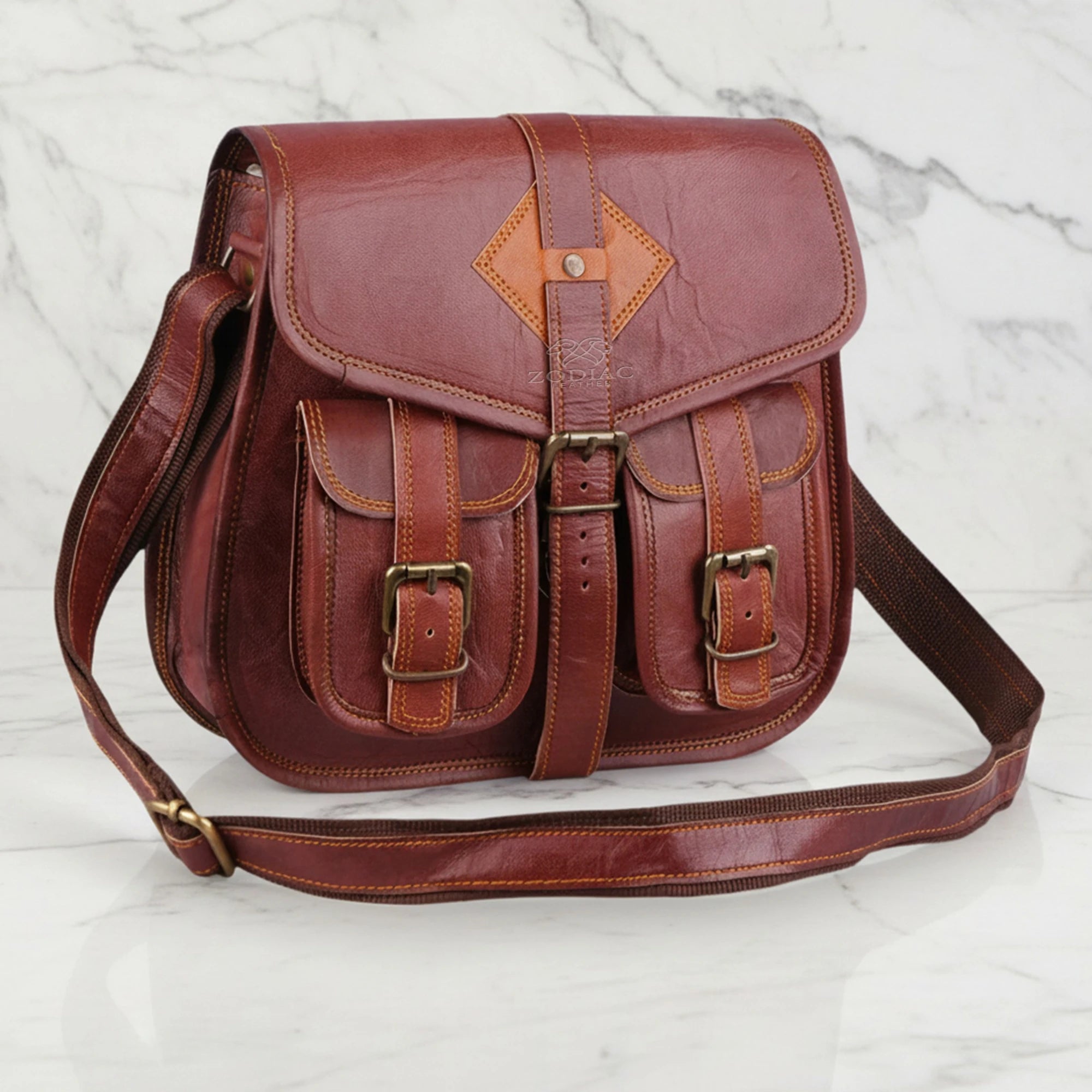 Zodiac Mateo Full Grain Leather Satchel Crossbody Bag Vintage Brown