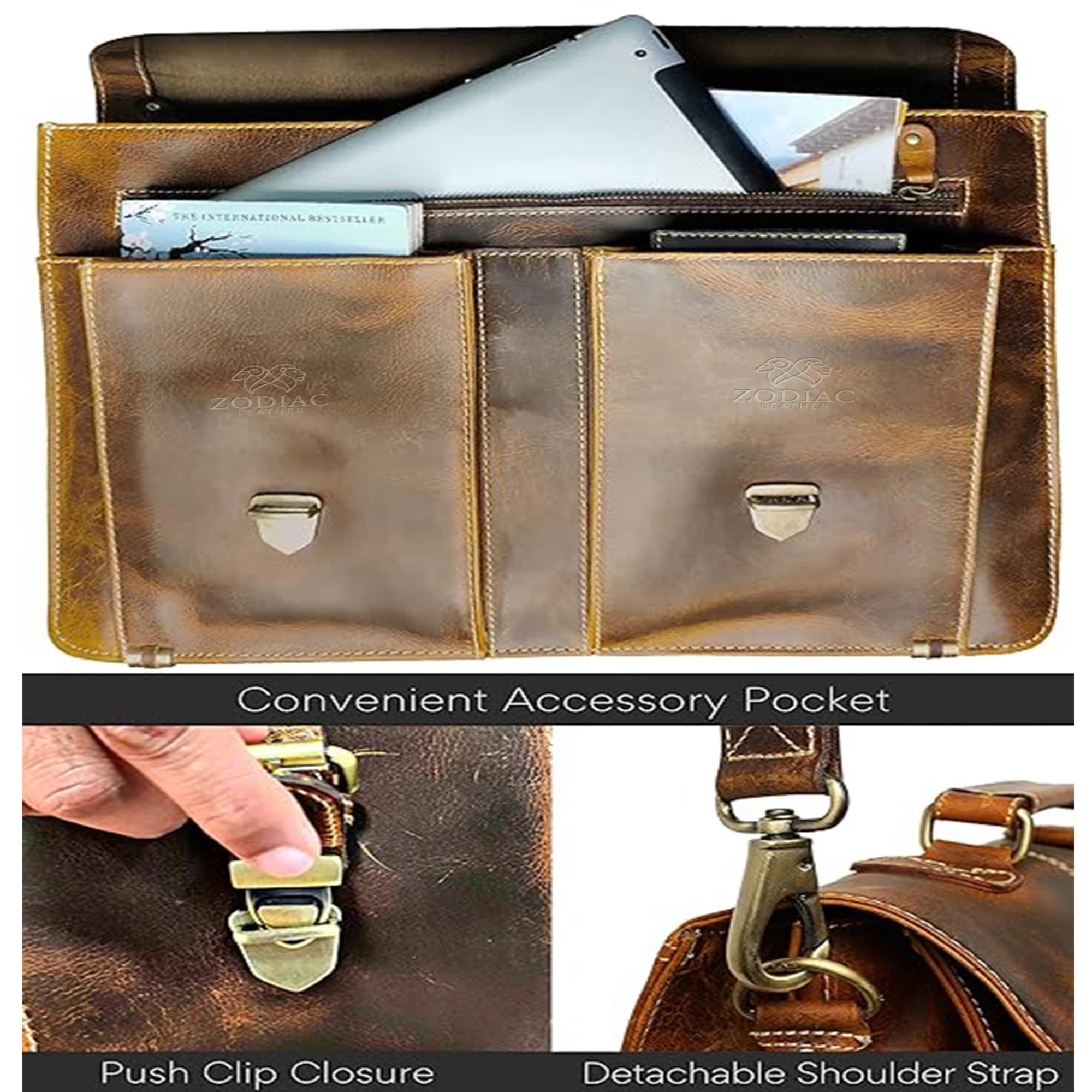 Zodiac Rover Hunter Leather Laptop Bag Brown