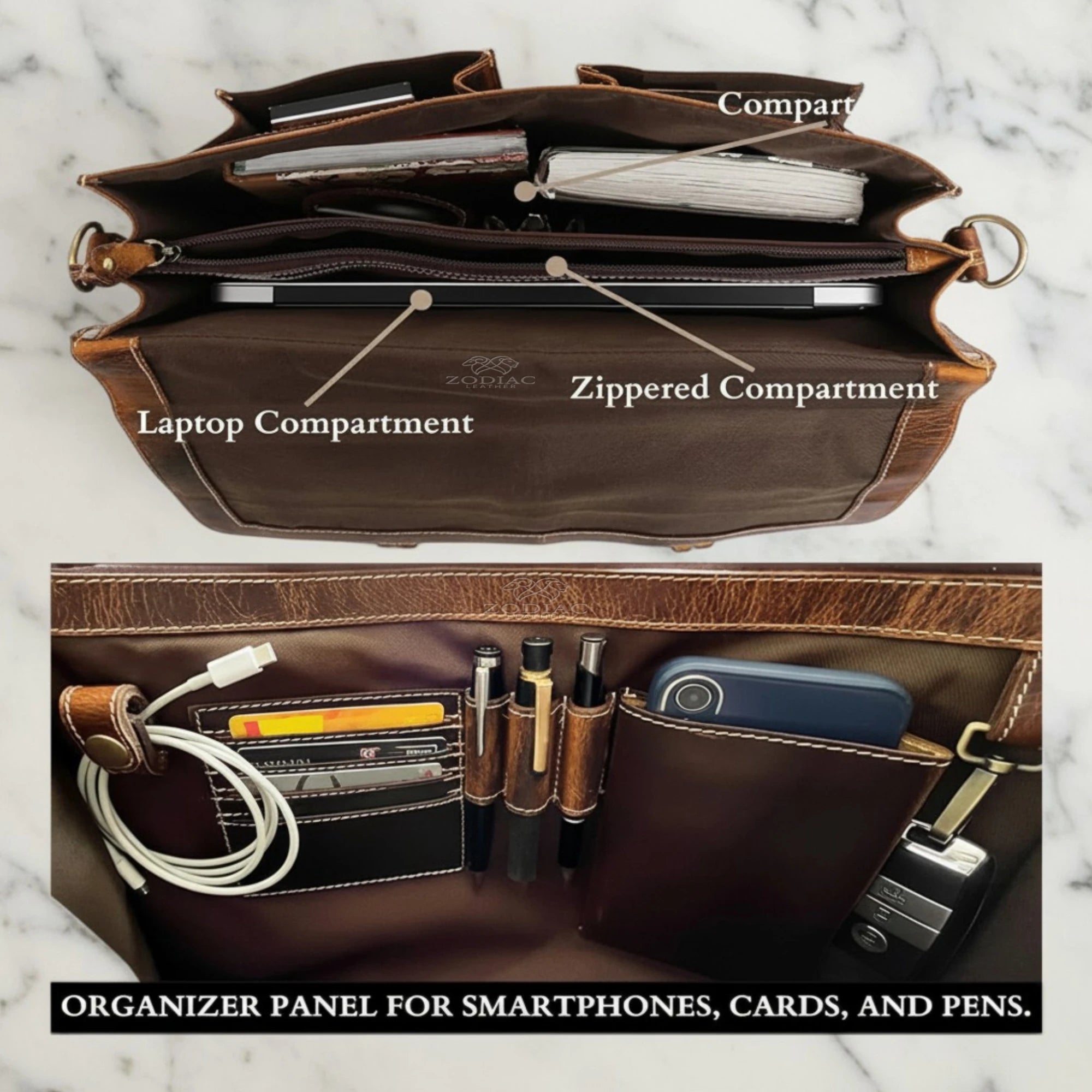 Zodiac Rover Hunter Leather Laptop Bag Brown