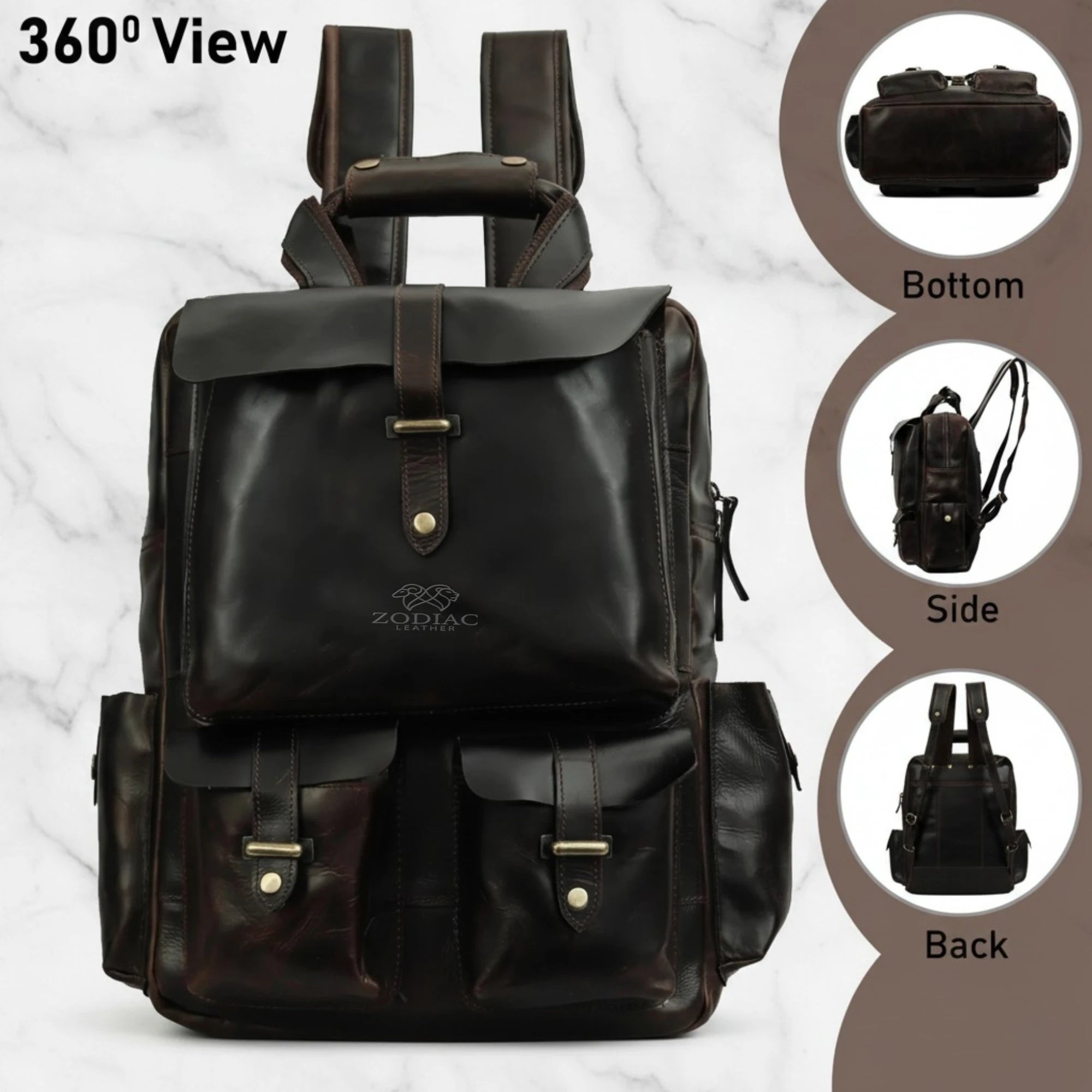 Zodiac Solidus Genuine Crunch Leather Backpack Dark Brown