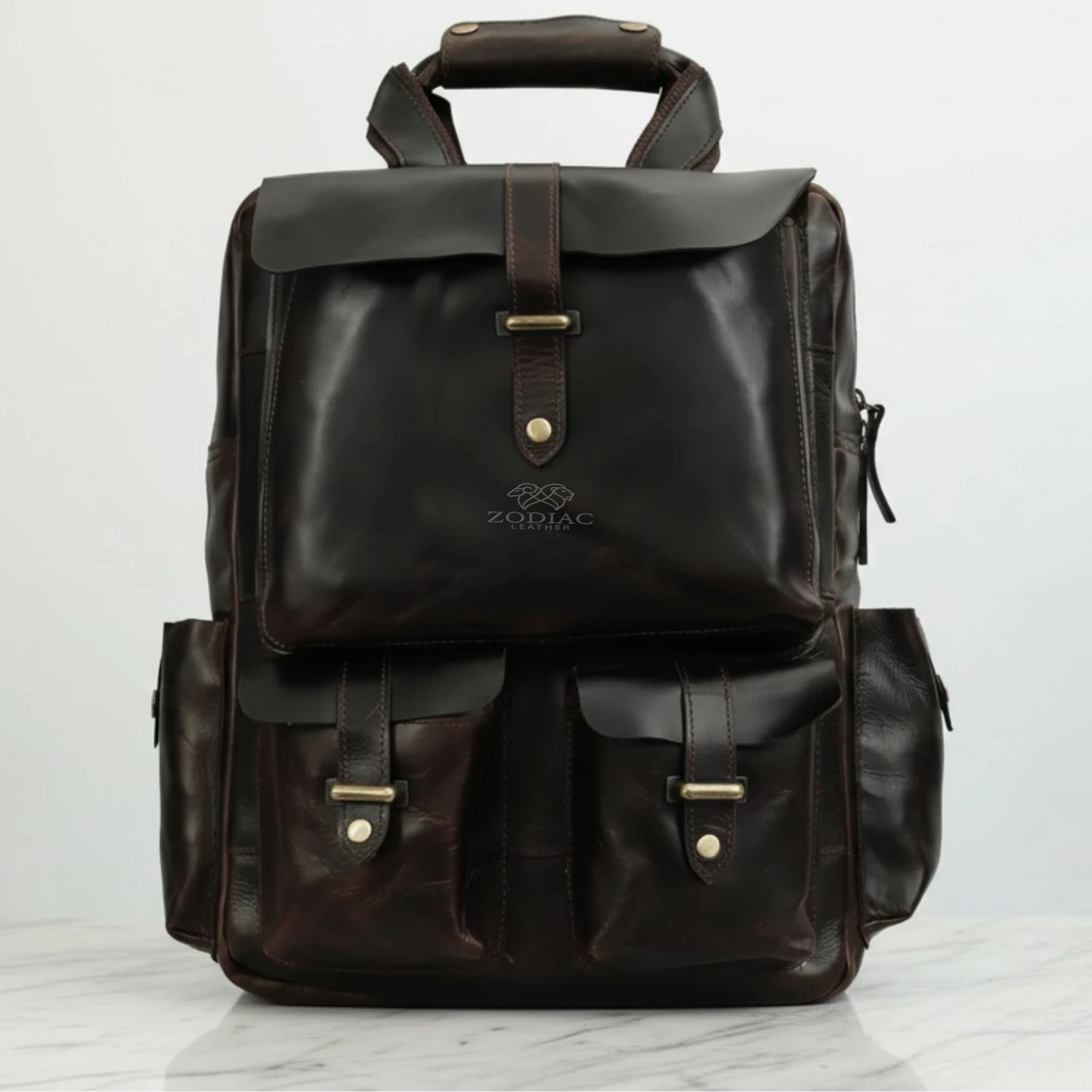 Zodiac Solidus Genuine Crunch Leather Backpack Dark Brown