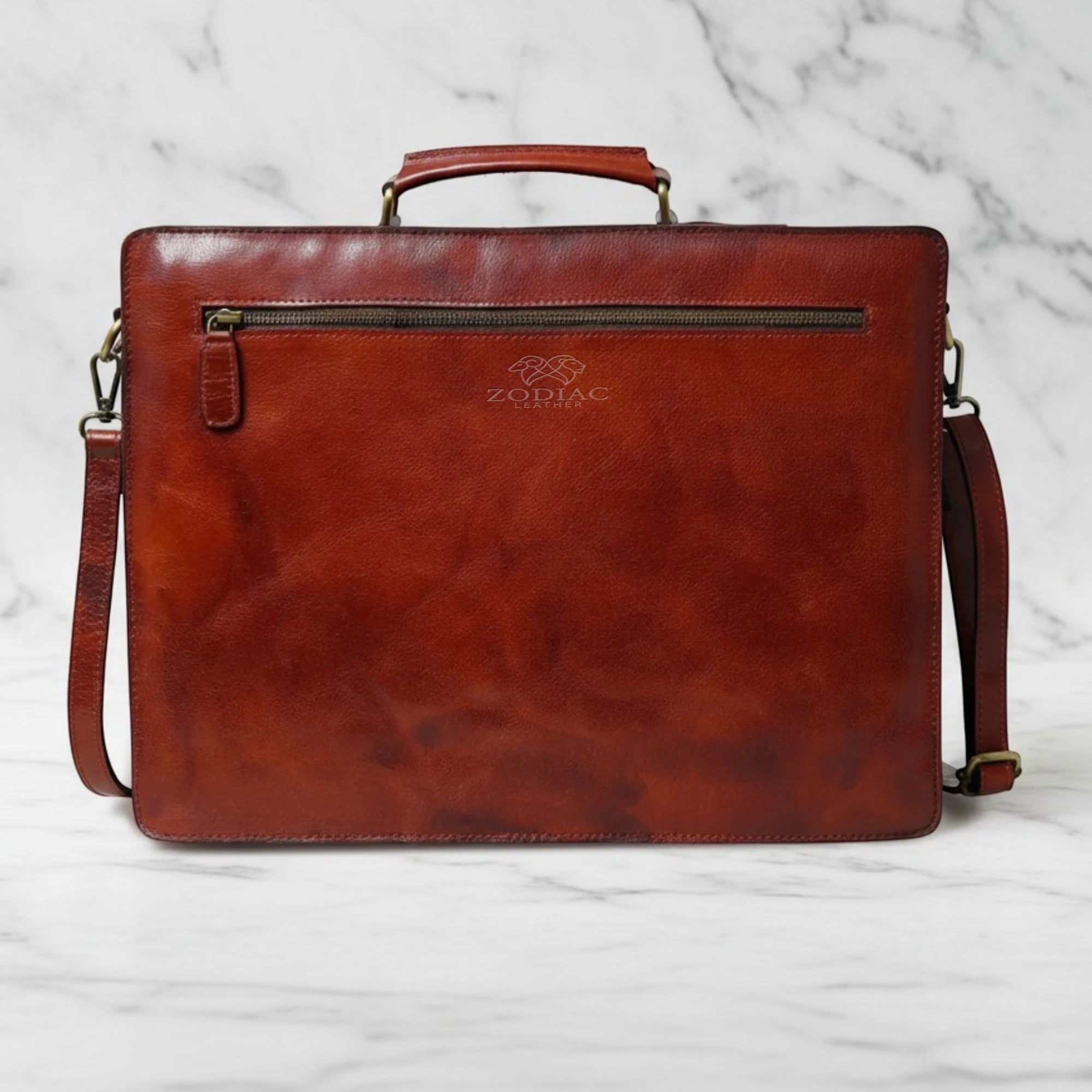 Zodiac Tann Brown Leather Briefcase Reddish Brown