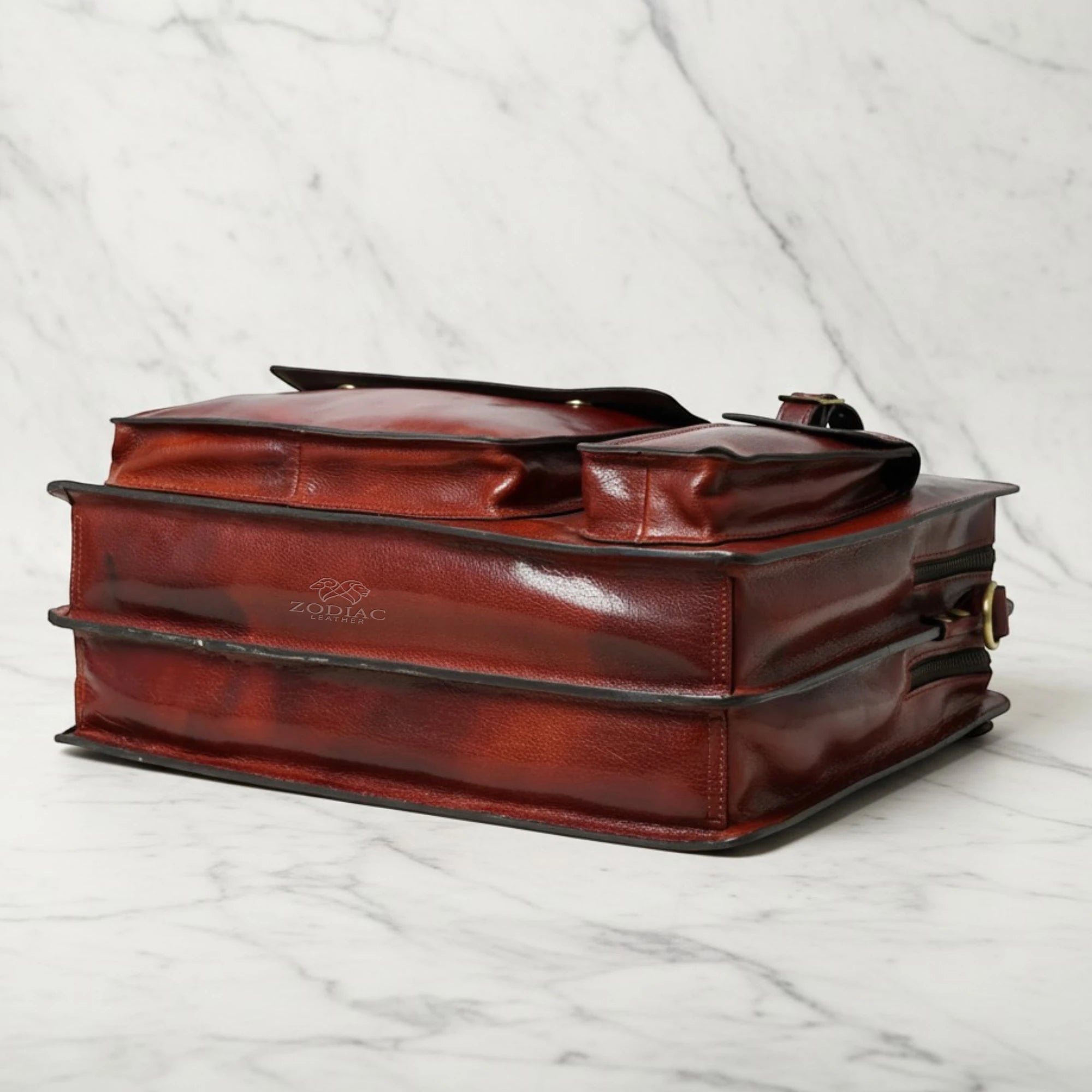 Zodiac Tann Brown Leather Briefcase Reddish Brown