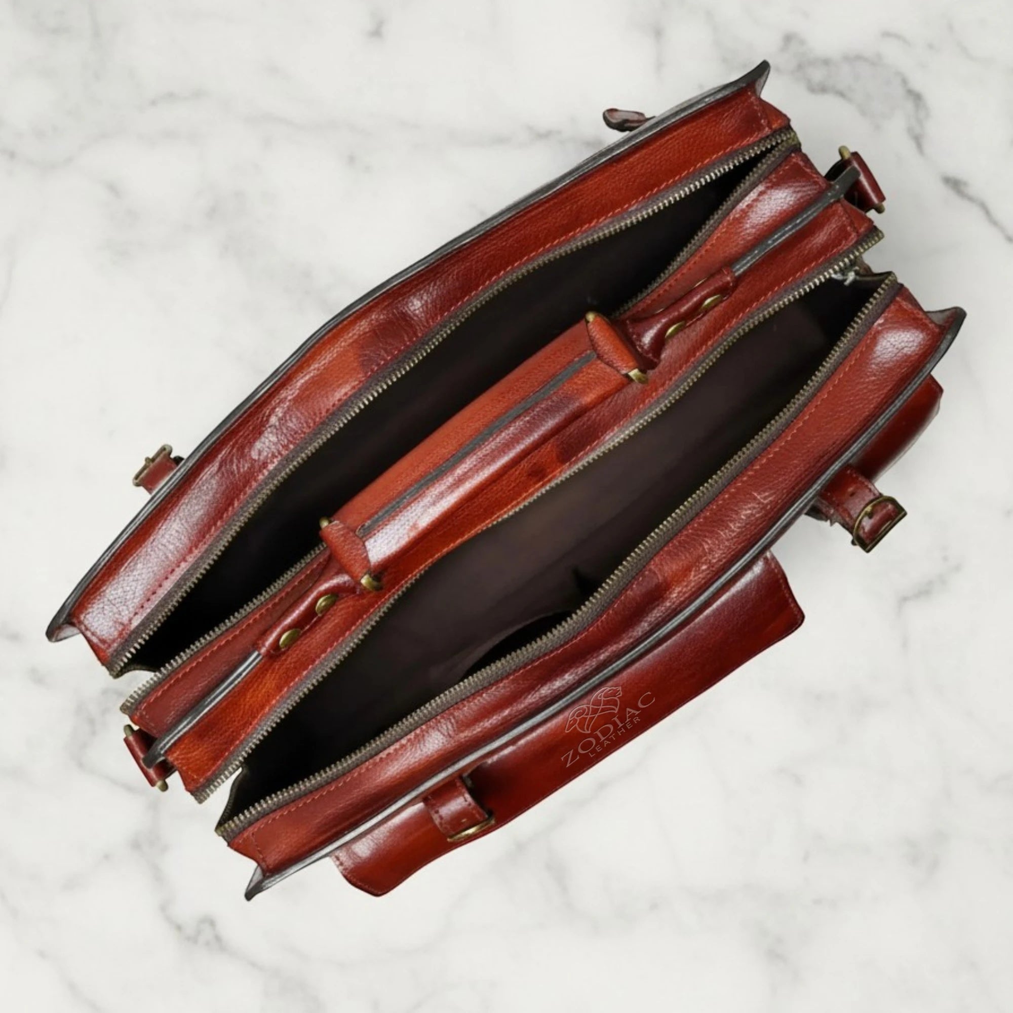 Zodiac Tann Brown Leather Briefcase Reddish Brown