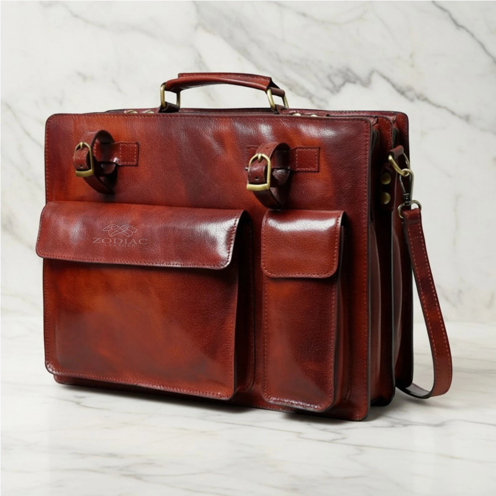 Zodiac Tann Brown Leather Briefcase Reddish Brown