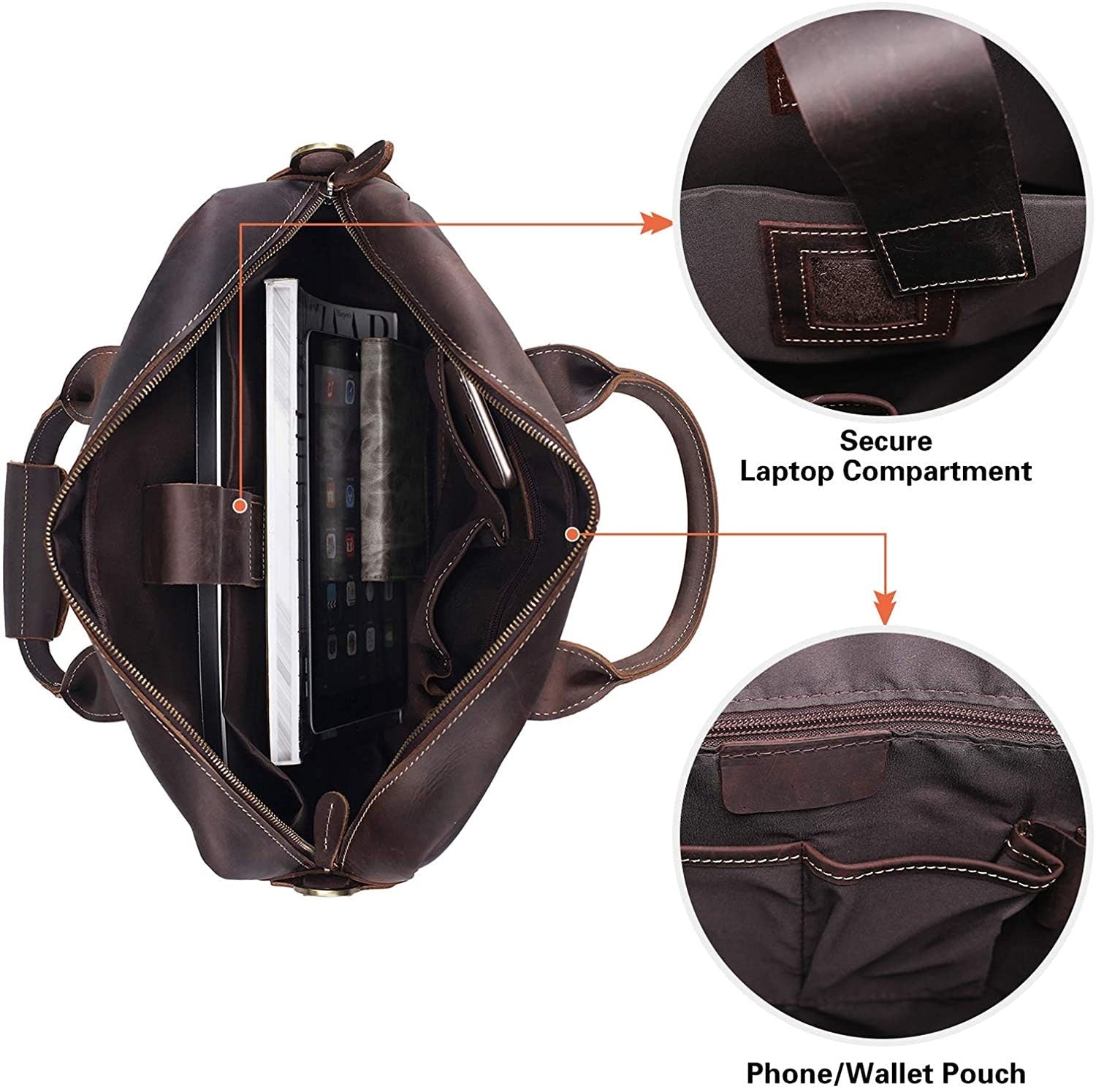Genuine Full Grain Leather Men's 16 Inch Laptop Briefcase Messenger Bag Tote Satchel Bag with YKK Metal Zippers