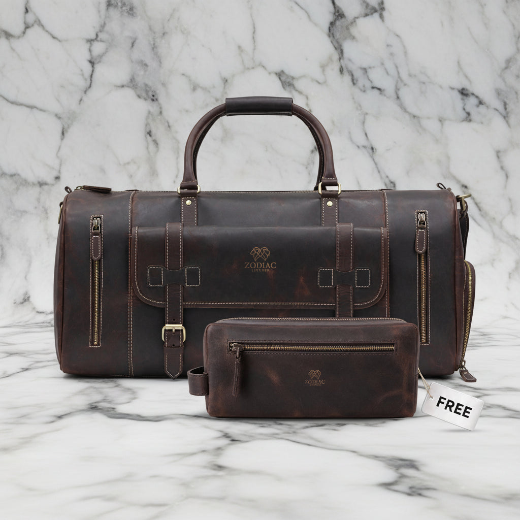 Dark brown Miguel leather weekender bag with matching free toiletry bag